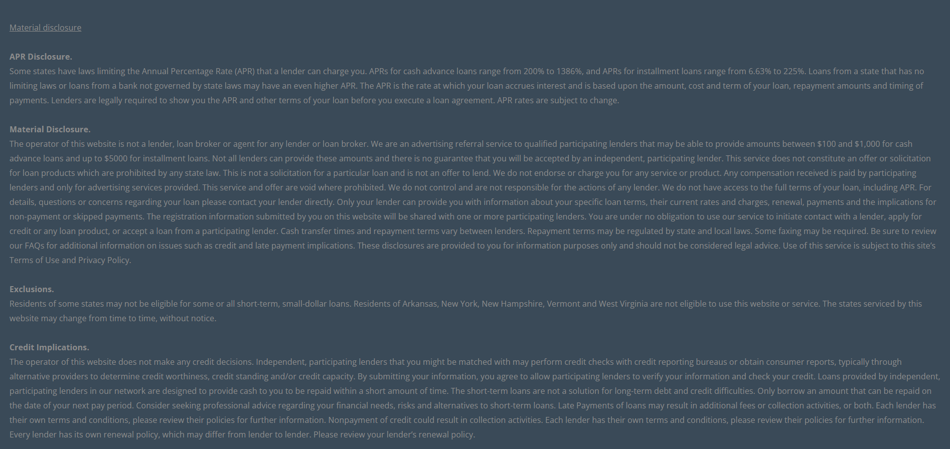 Material disclosure for payday loans in Madison Wisconsin